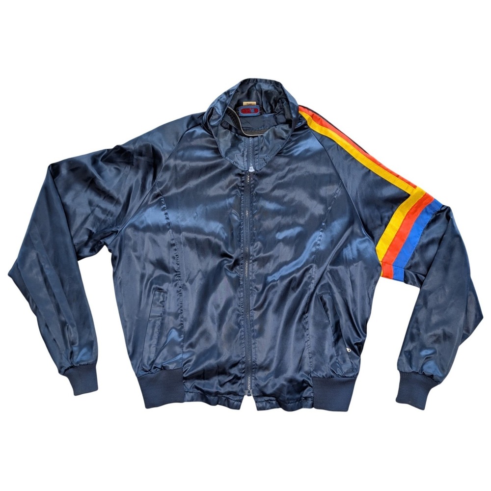 Vintage 70'S Crown California Large‎ Navy Blue Satin Yamaha  Bomber Jacket Size